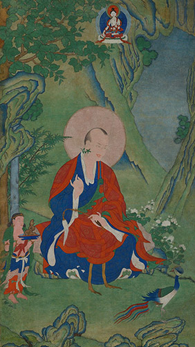 Arhat Vanavasin. 17th century, China, Sino-Tibetan. Distemper on cotton, with silk and gold thread brocade, 101.5 x 59.5 cm