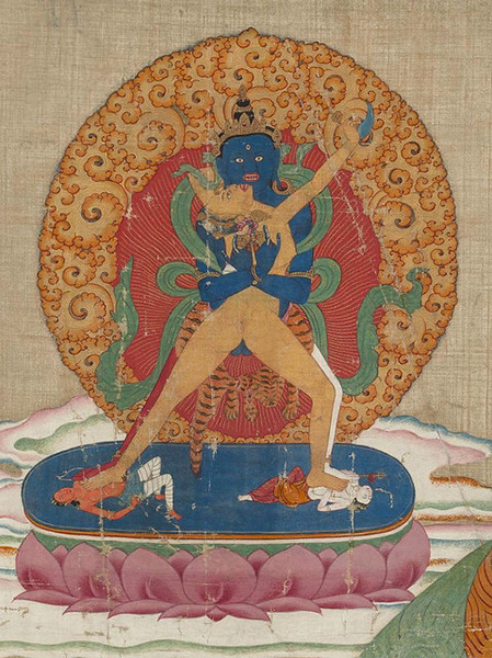 Chakrasambhava coupled with Vajrayogini, representing wisdom and compassion as aspects of the same primal energy. The pose is unusual as Vajrayogini is standing with both of her feet on the ground. Chakrasambhava’s legs are white and red. The five elemental colors comprise the composition: blue, white, green yellow red. Tibet, date unknown. From Core of Culture