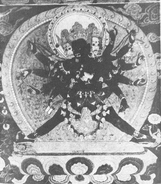 Mahasuka-daka dancing coupled with his Dakini. Mural painting. The dakini’s legs are wrapped around the waist of the deity, whose legs, fully splayed, perform a tantric dance requiring extreme skill and control. 17th century, Tsaparang, Tibet. From Tucci, Indo-Tibetica lll.2, Reale Accademia d’Italia, 1935. Rome. Plate XXlll