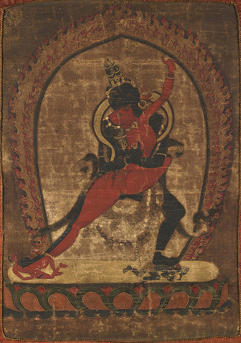 Chakrasambhava and Vajrayogini in yab-yum. Sajaha Tradition, date unknown. From Core of Culture. Note the very plain background. The arabesque of the yogini’s body from toe to arm, the weight and sense of movement in the deity’s lunging leg—these characterize dance. A delicate balance is attained between sensuous realism and iconographic stylization