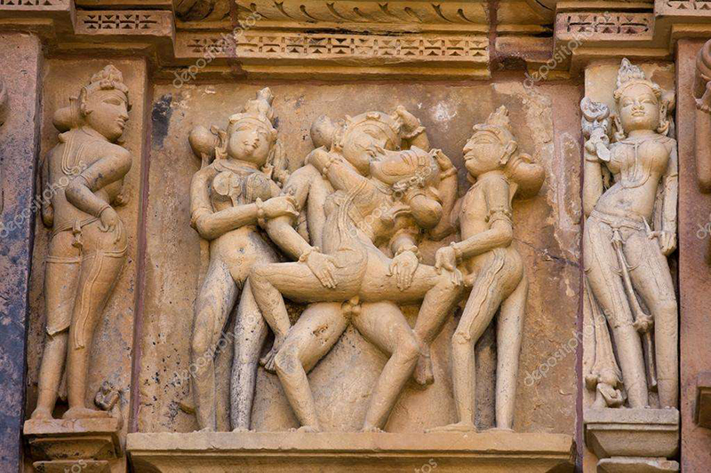 Khandaria Temple of Kama Sutra postures. Khajuraho, India, 9th–10th centuries. From Core of Culture. This is a literal depiction of sex, shaped and exalted into a ritual form. This is considered beautiful, powerful and sacred; the transmission of wise, ancient teachings. There is nothing salacious or licentious in this image despite its erotic and explicit content