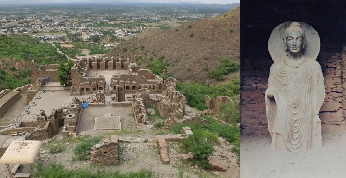 圖一：左為2019年巴基斯坦塔克特依巴依‎遺址現況（郭祐孟攝）。右為中庭奉獻塔區出土的佛龕造像。（翻拍自Waqar Ahmad Sammandar，Takht-i-Bhai Monastery World Heritage Site，Mardan，Pakistan，2003）